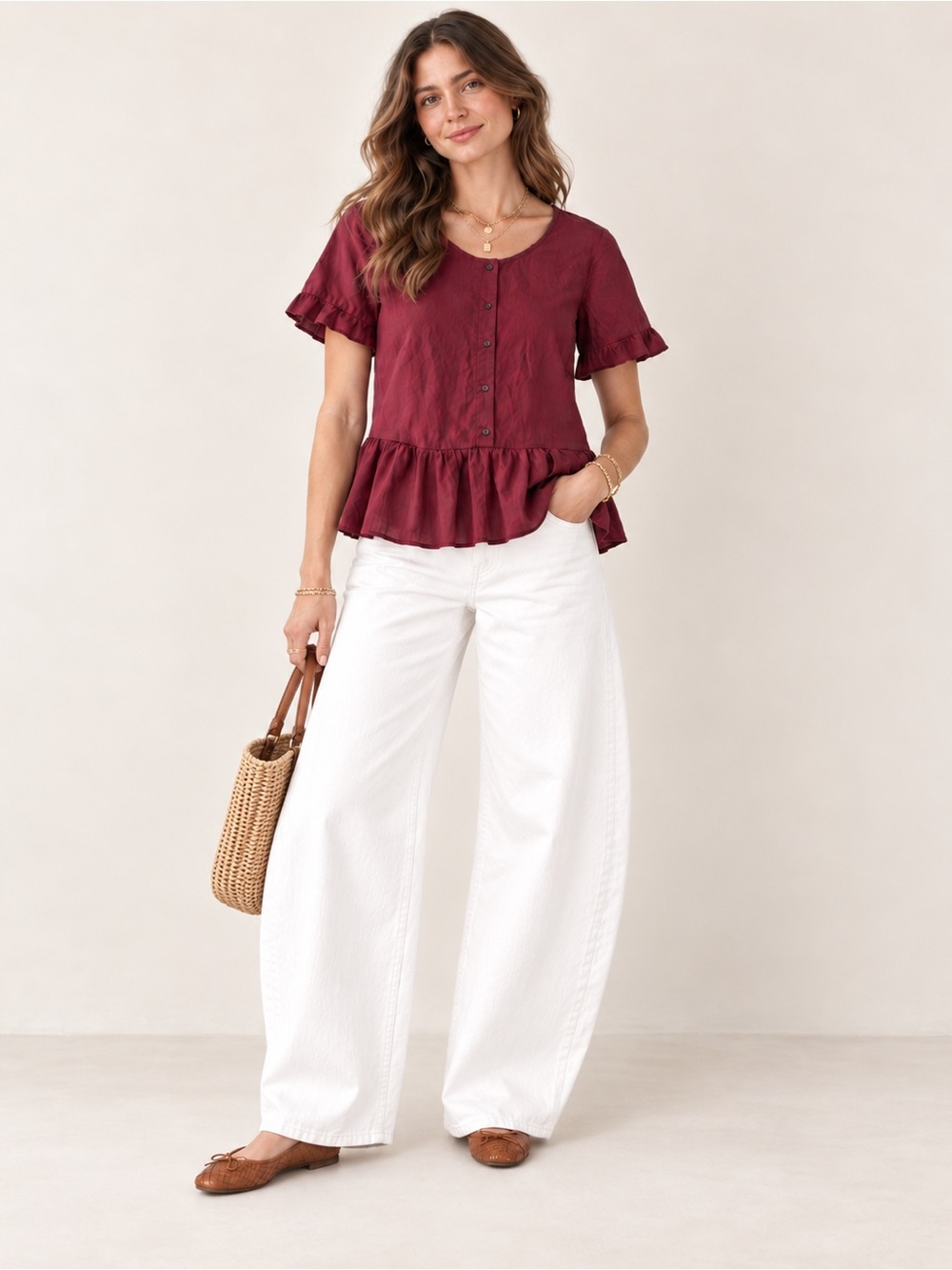 Madewell Burgundy 100% Cotton Ruffle Peplum Blouse XS